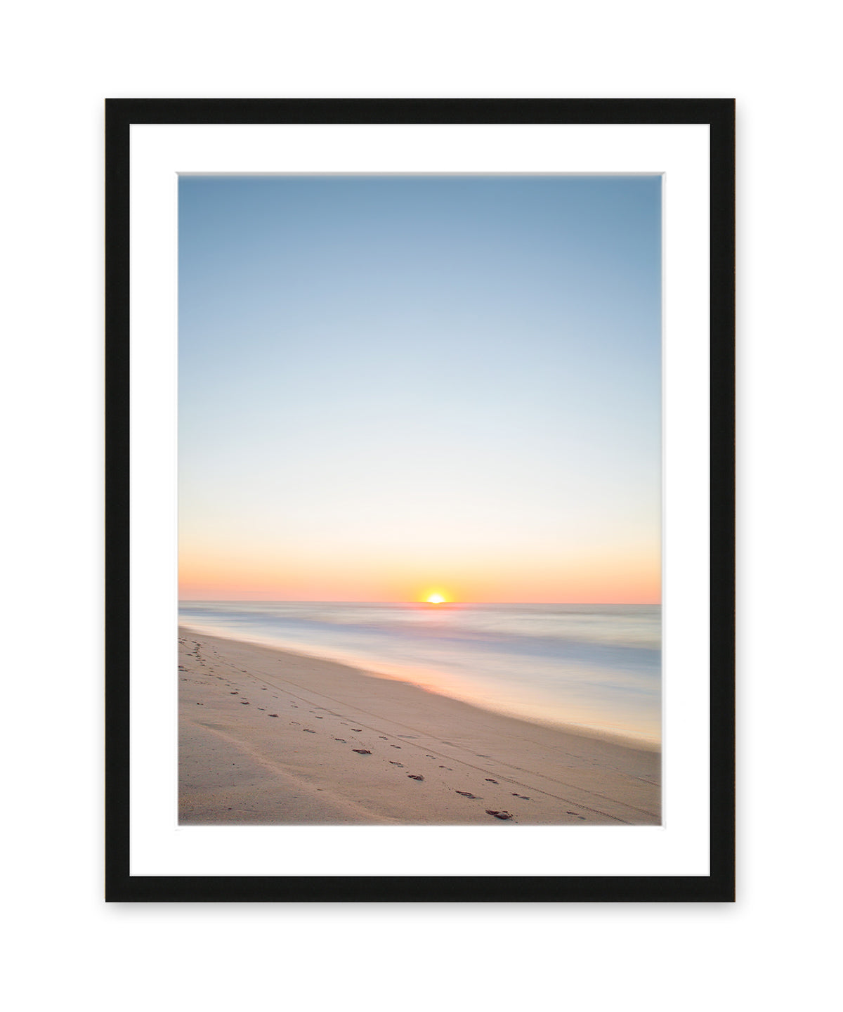 pastel blue sunrise beach print black wood frame, wright and roam