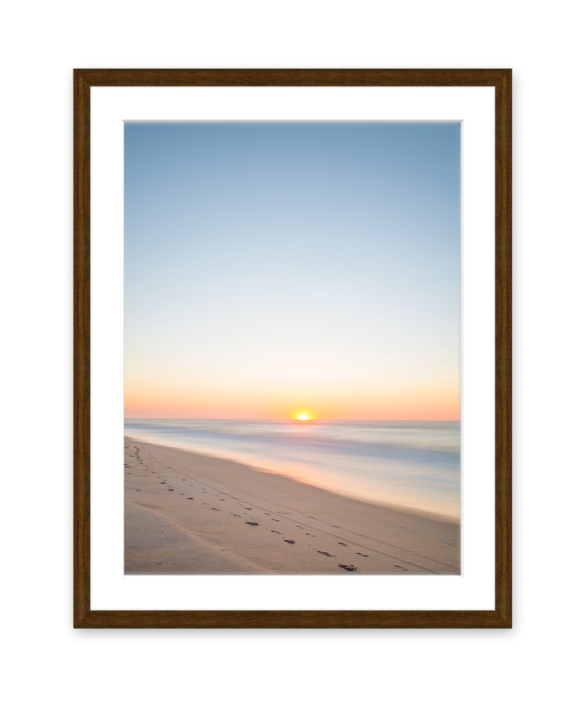 pastel blue sunrise beach print dark wood frame, wright and roam