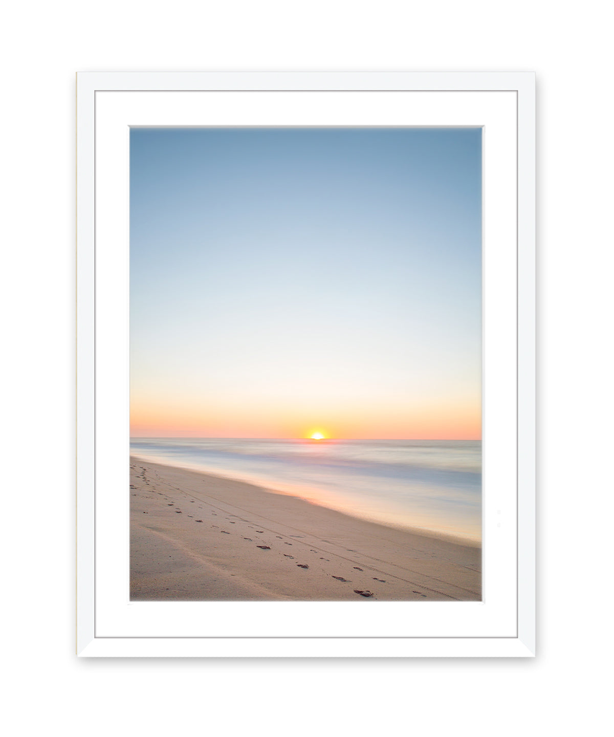 pastel blue sunrise beach print white wood frame, wright and roam