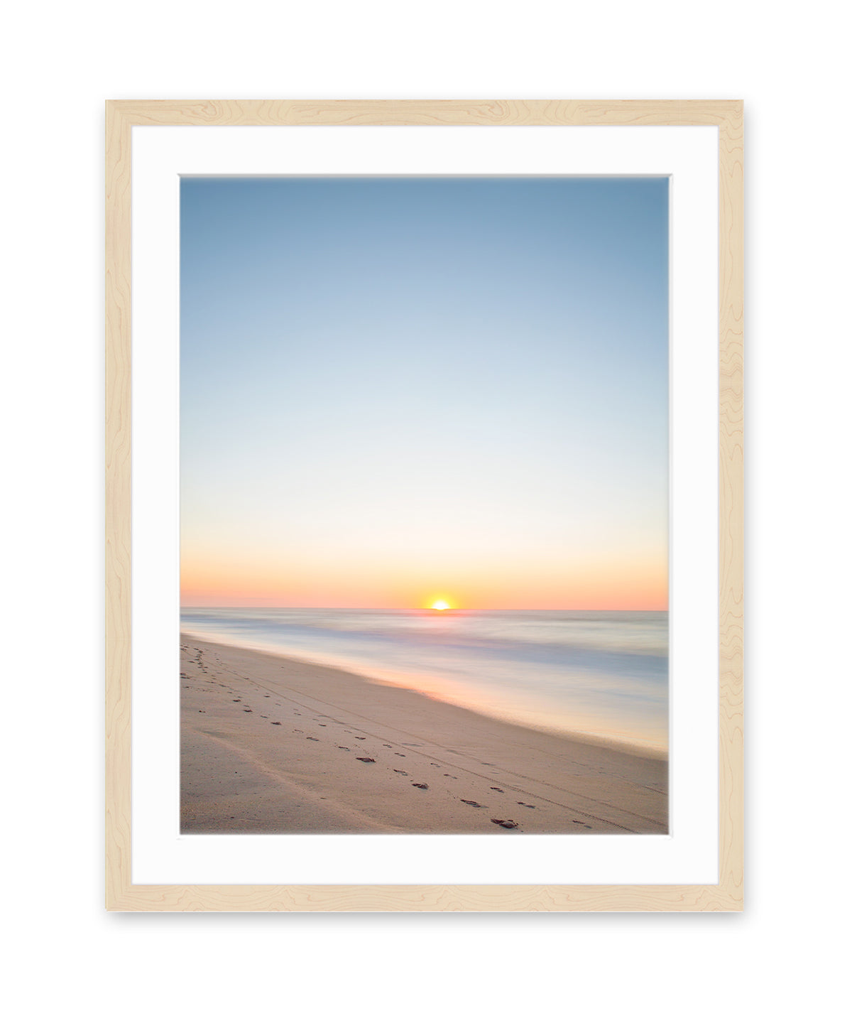 pastel blue sunrise beach print natural wood frame, wright and roam