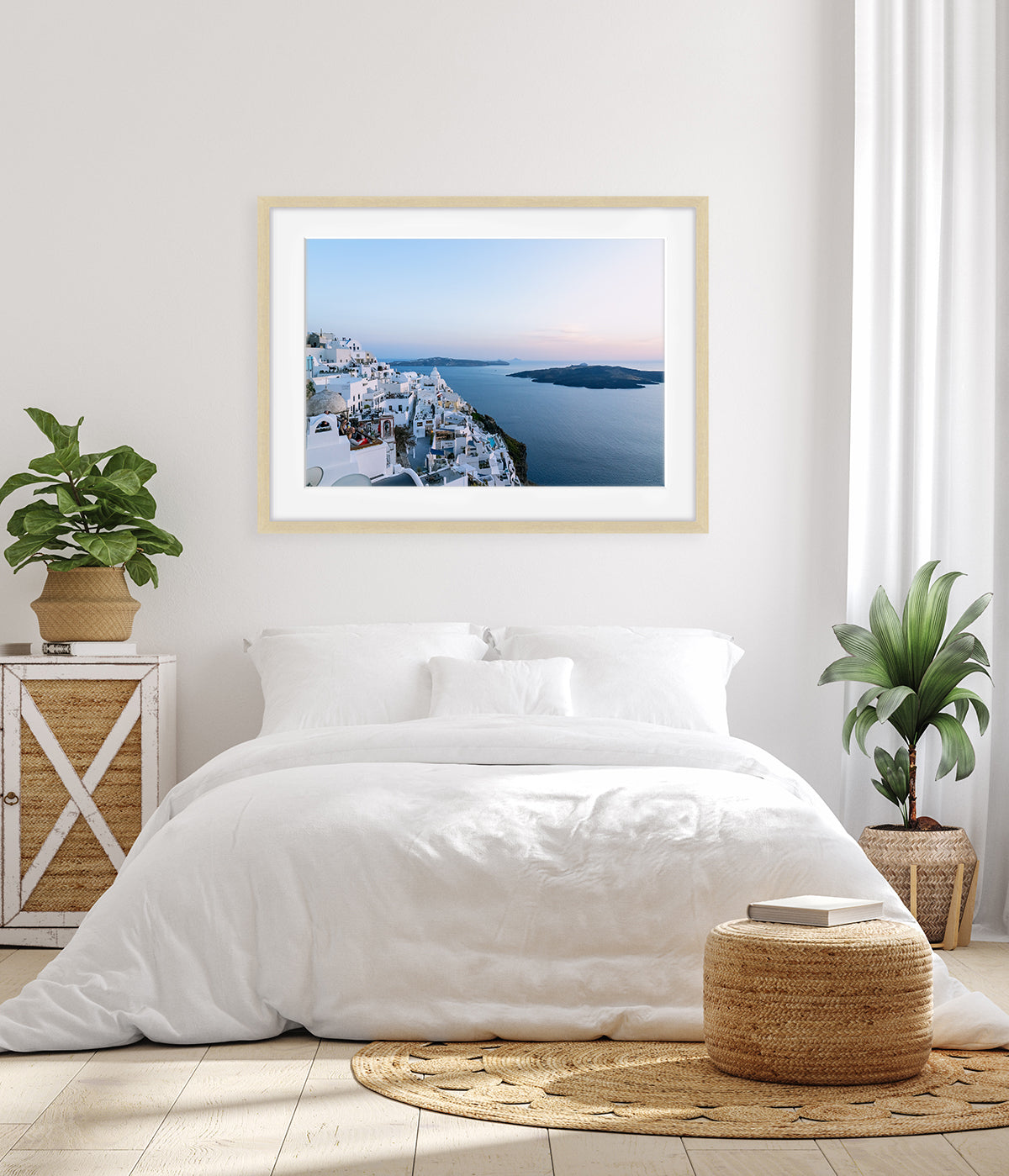 Bright bedroom featuring colorful Santorini greece art