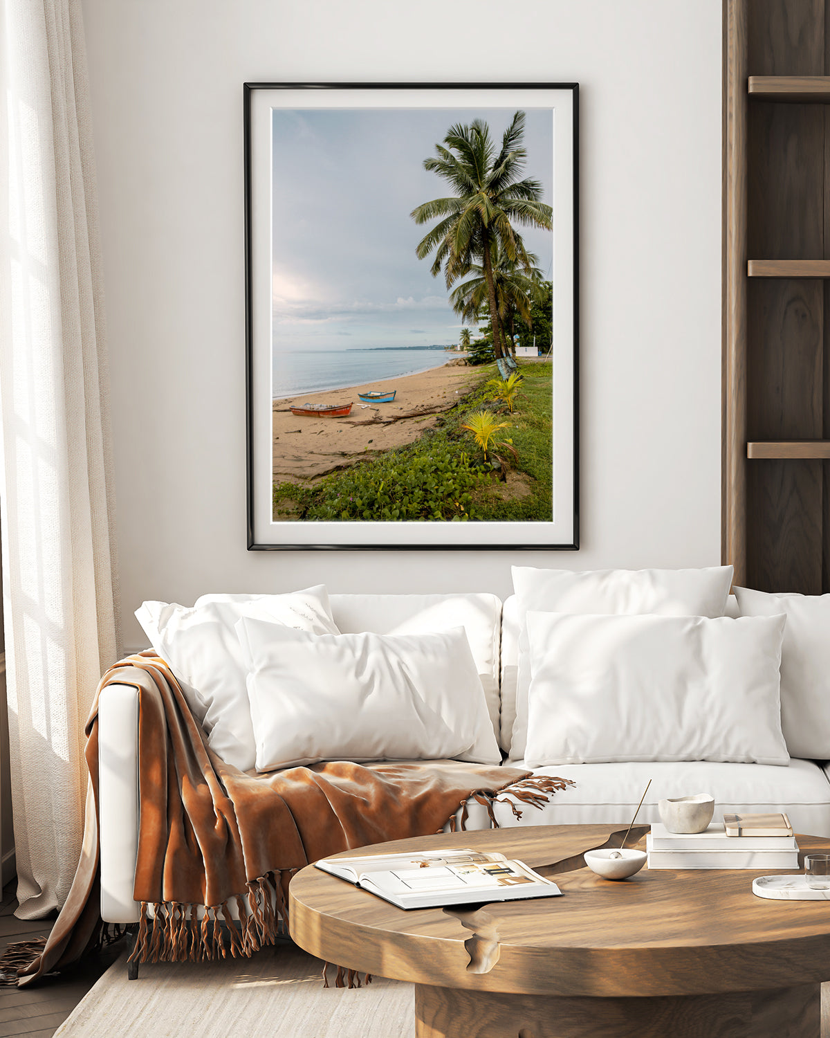 coastal decor featuring framed tropical beach photograph taken in Puerto Rico.