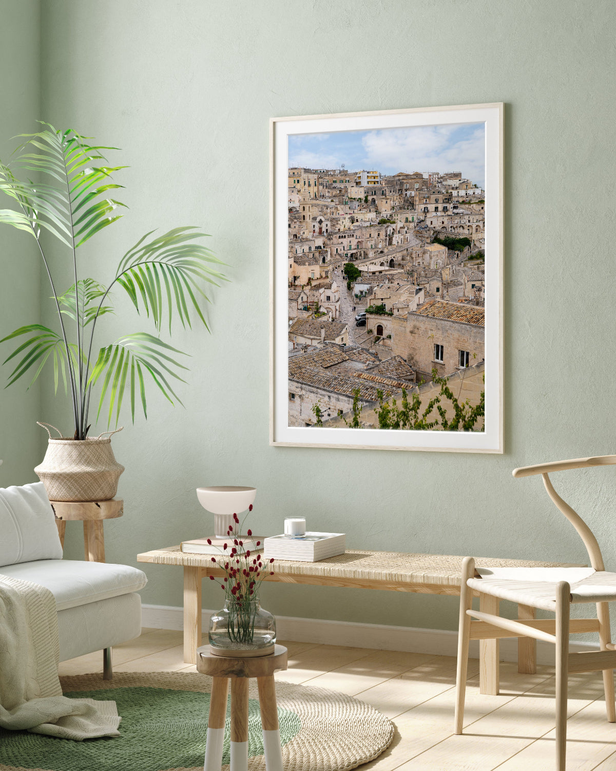 Matera Italy photograph displayed in a coastal travel-inspired living room