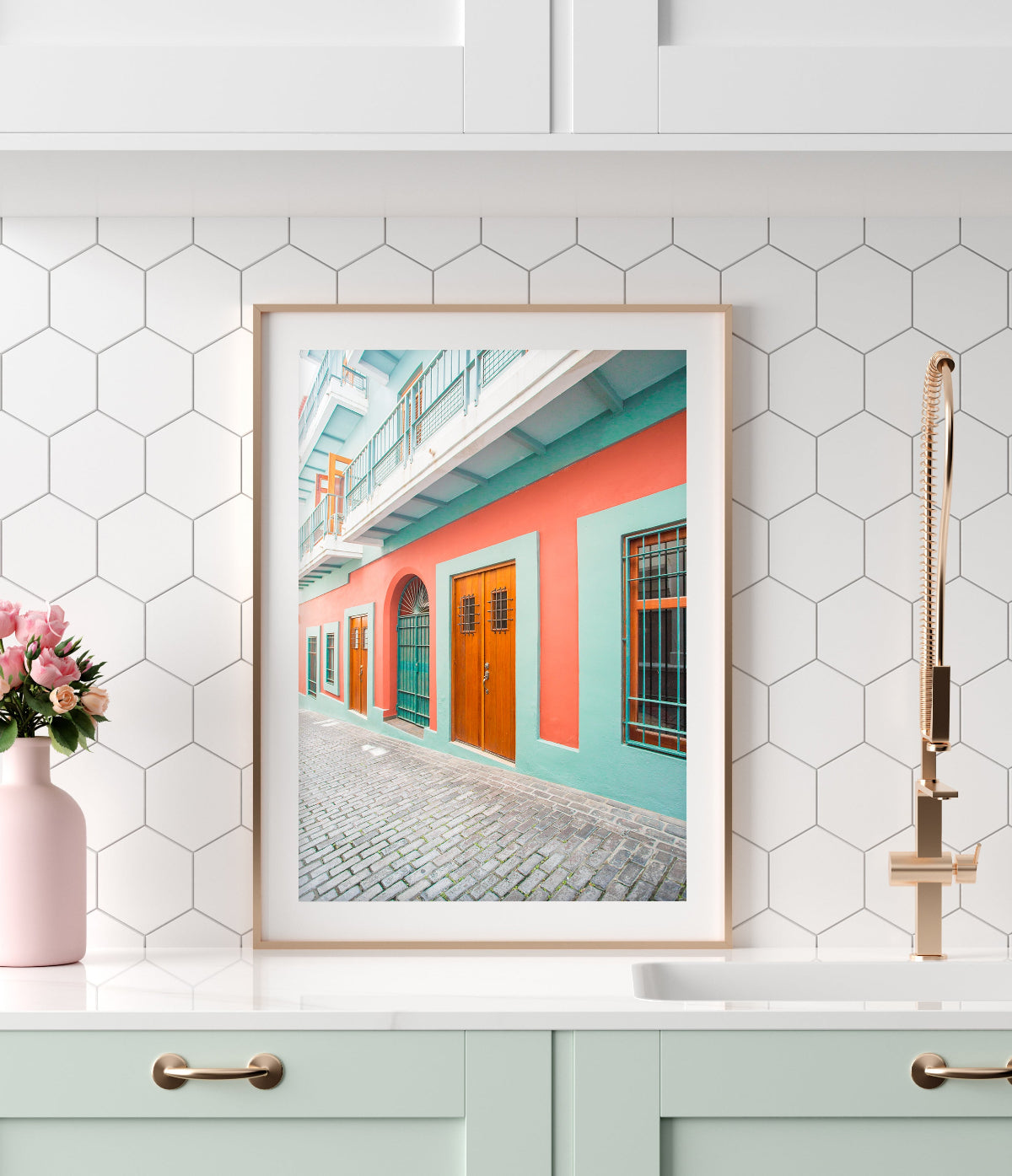 colorful home decor featuring framed print of blue and red buildings in Old San Juan, Puerto Rico