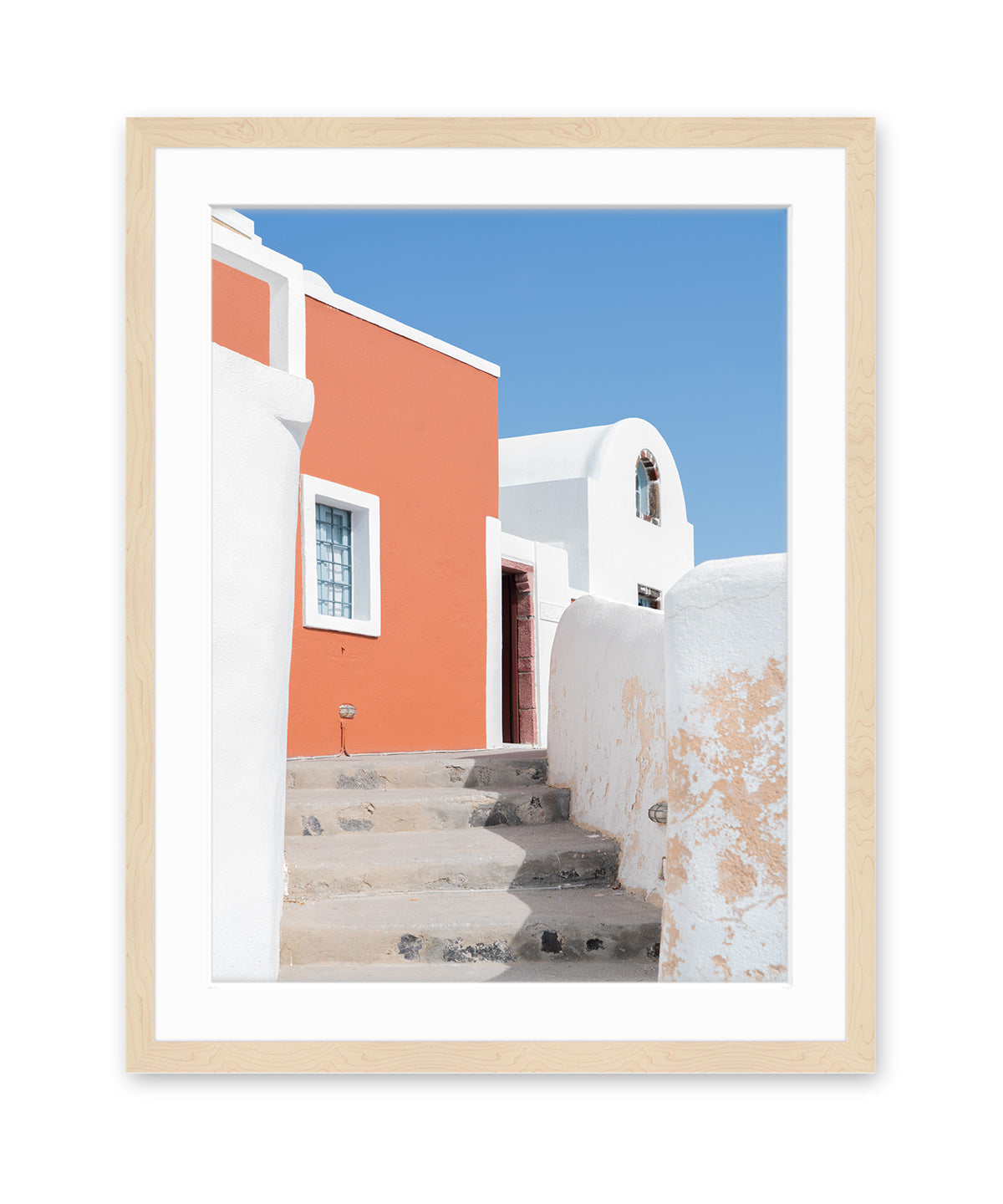 colorful architecture photography, santorini, greece art, wood frame
