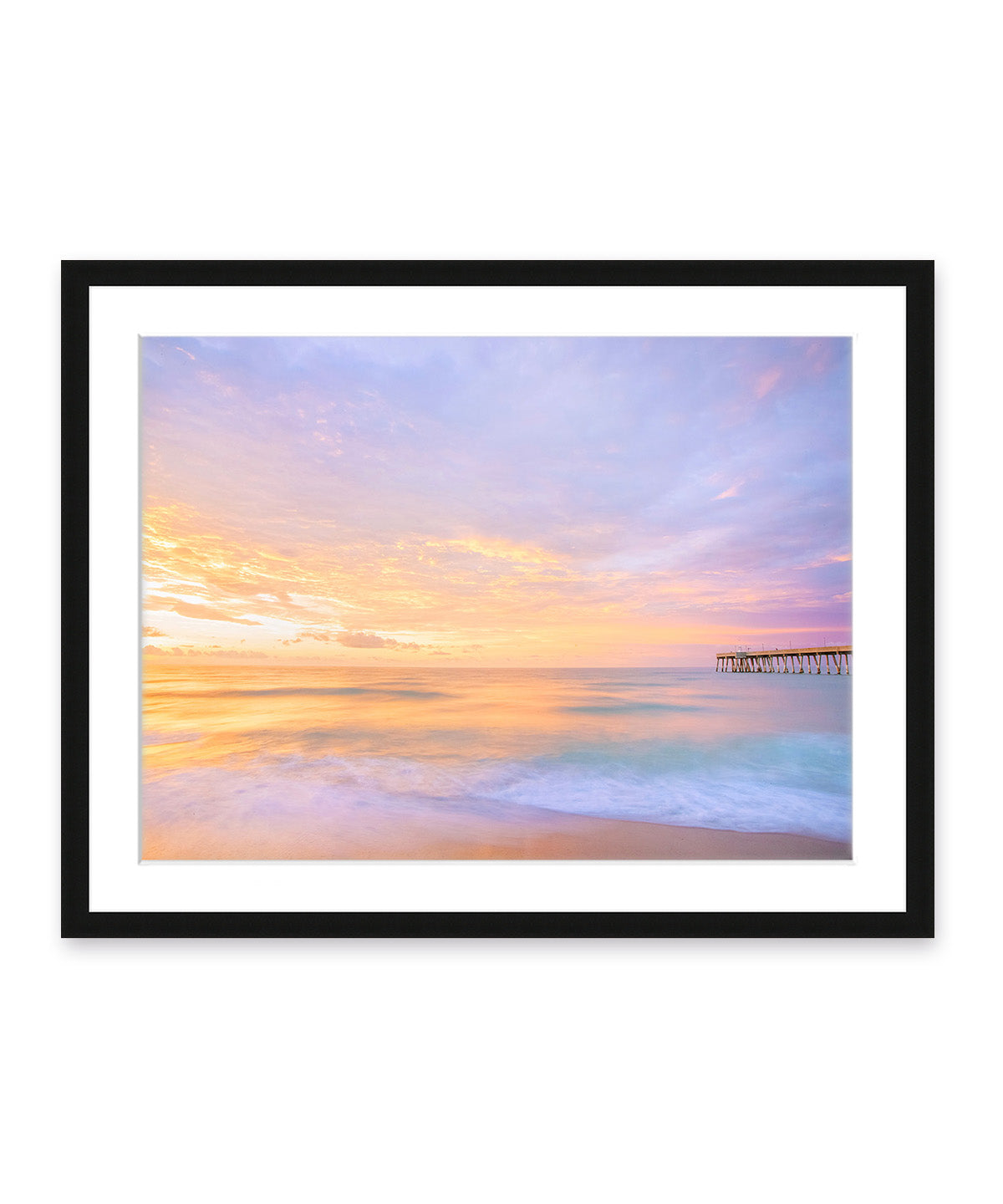 boho coastal decor featuring colorful pastel sunrise beach photograph by Wright and Roam, black frame
