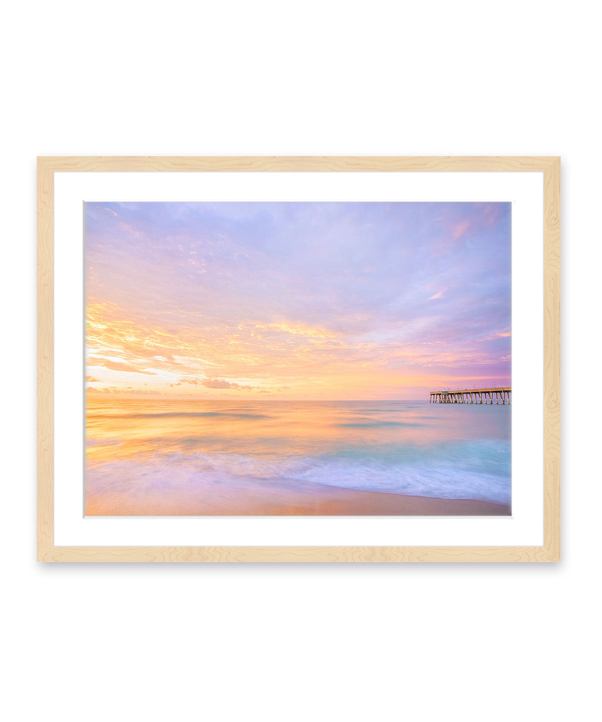colorful pastel purple and blue sunrise Wrightsville beach photograph, natural wood frame by Wright and Roam
