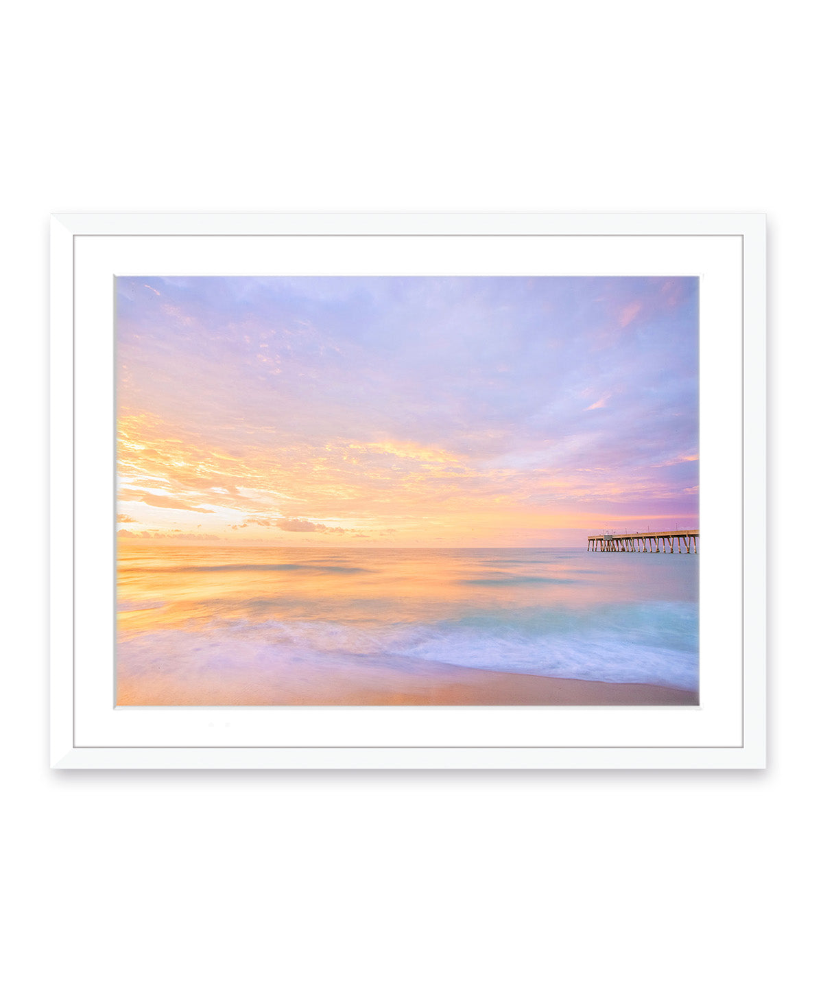 colorful pastel purple and blue sunrise Wrightsville beach photograph, white wood frame by Wright and Roam