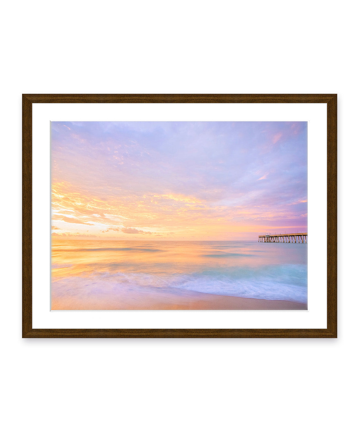 colorful pastel purple and blue sunrise Wrightsville beach photograph, dark wood frame by Wright and Roam