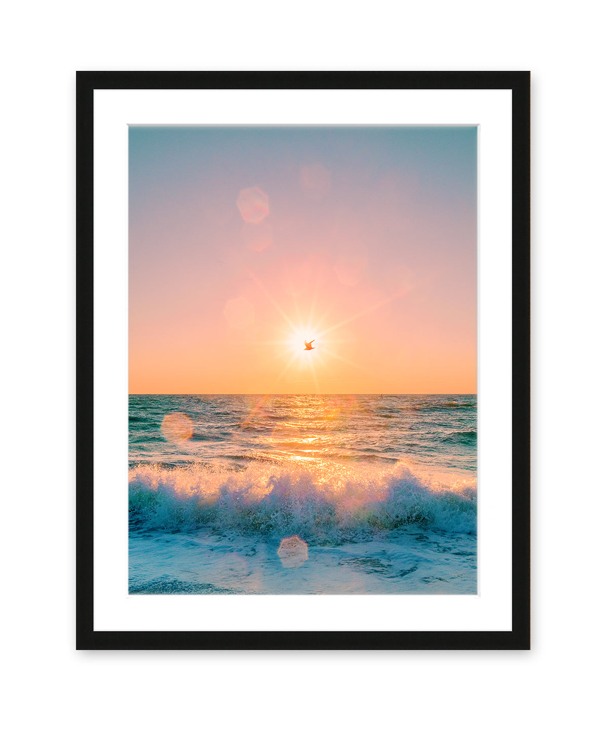 colorful sunrise beach photograph, sunflare over the ocean, black frame