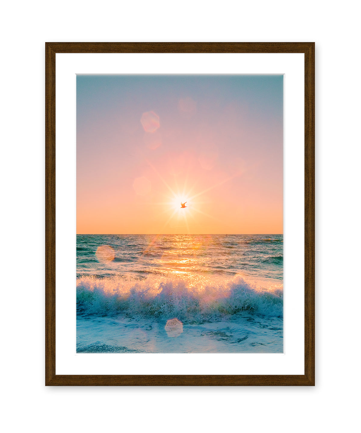 colorful sunrise beach photograph, sunflare over the ocean, dark wood frame