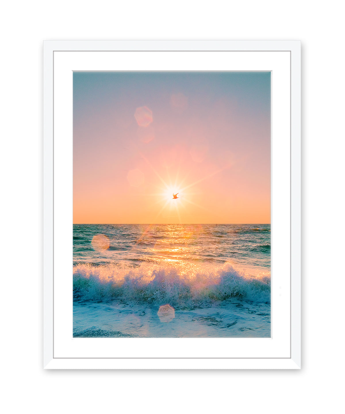 colorful sunrise beach photograph, sunflare over the ocean, white frame
