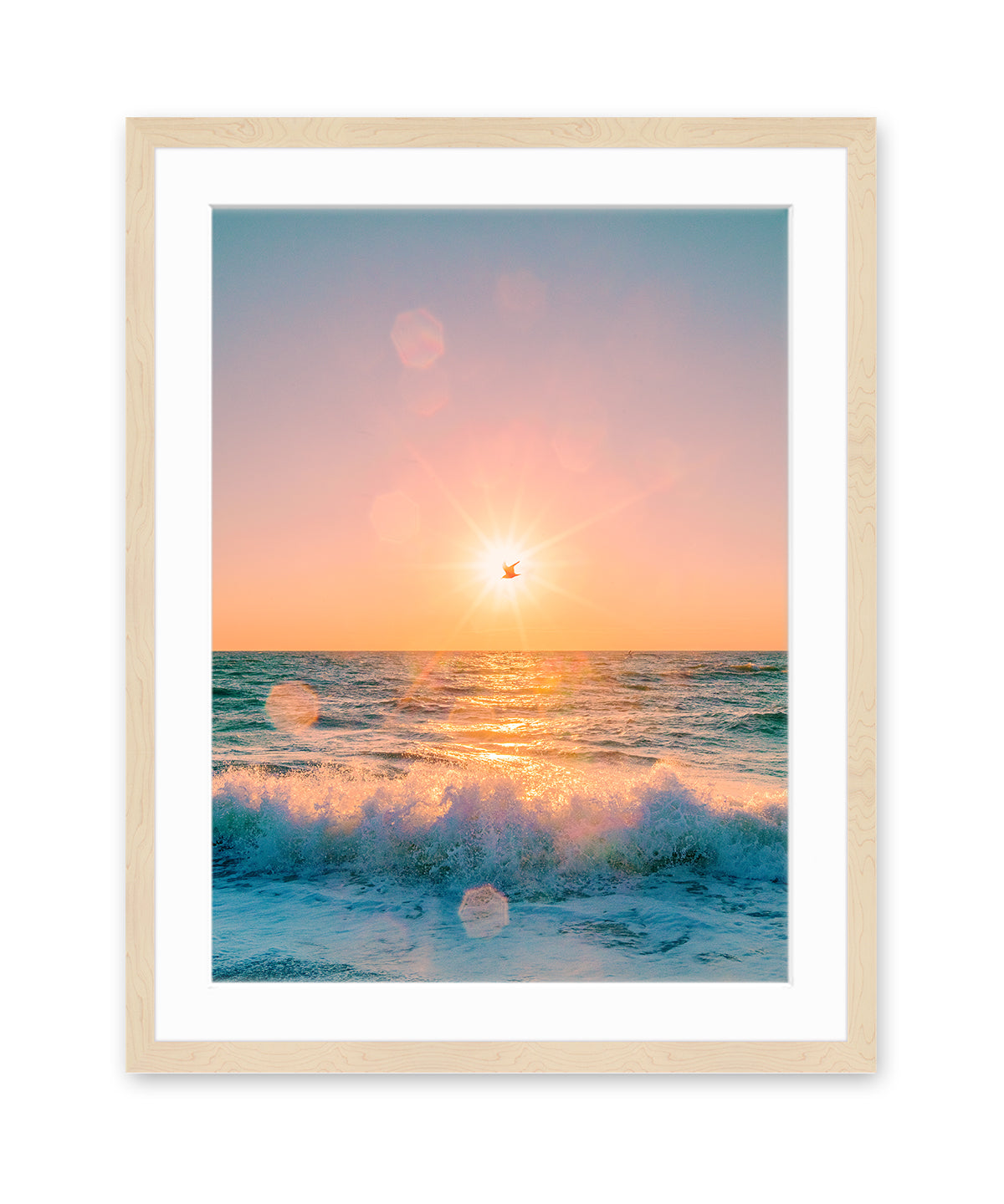 colorful sunrise beach photograph, sunflare over the ocean, wood frame