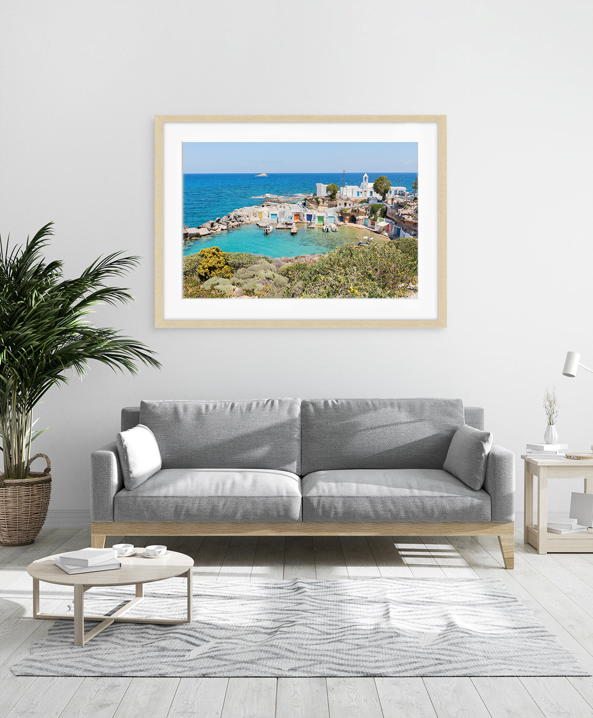 modern living room decor featuring colorful Greece art