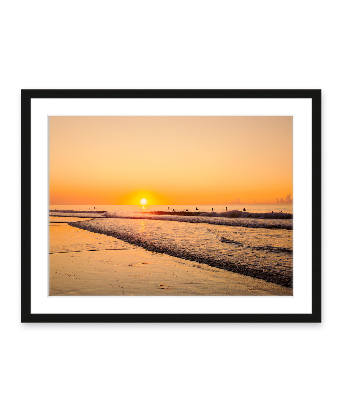 golden sunrise surf print, wrightsville beach photography, black frame