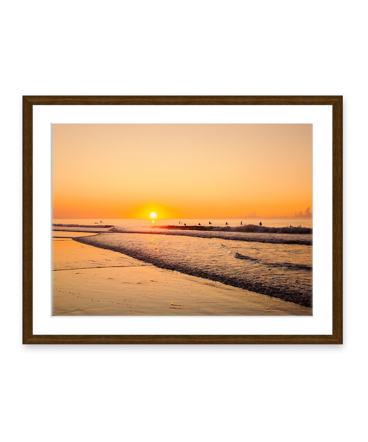 golden sunrise surf print, wrightsville beach photography, dark wood frame