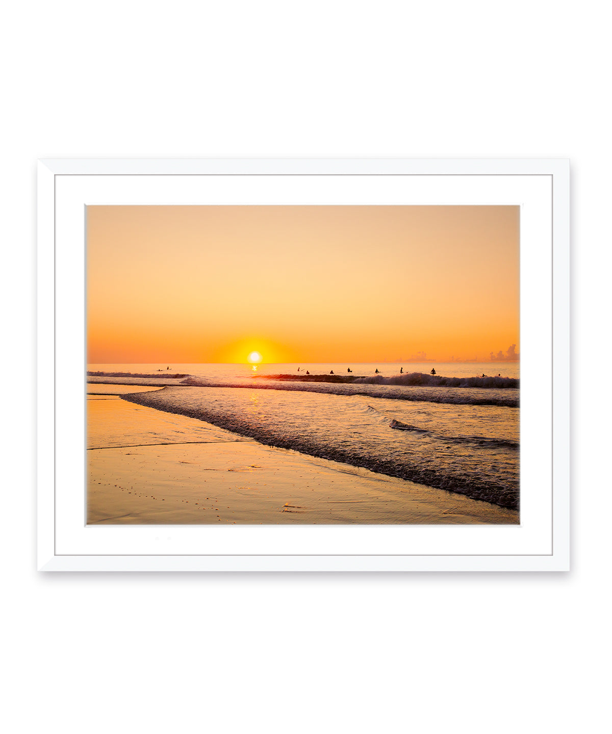 golden sunrise surf print, wrightsville beach photography, white frame