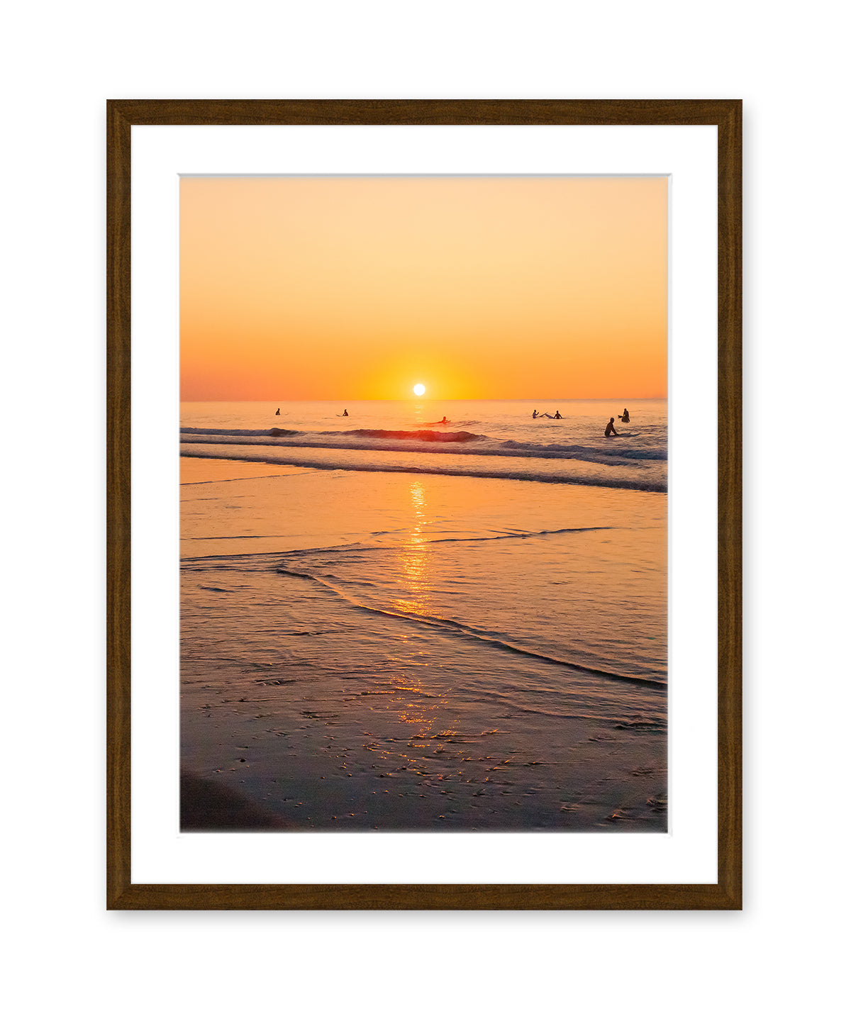 golden sunrise wrightsville beach print, dark wood frame