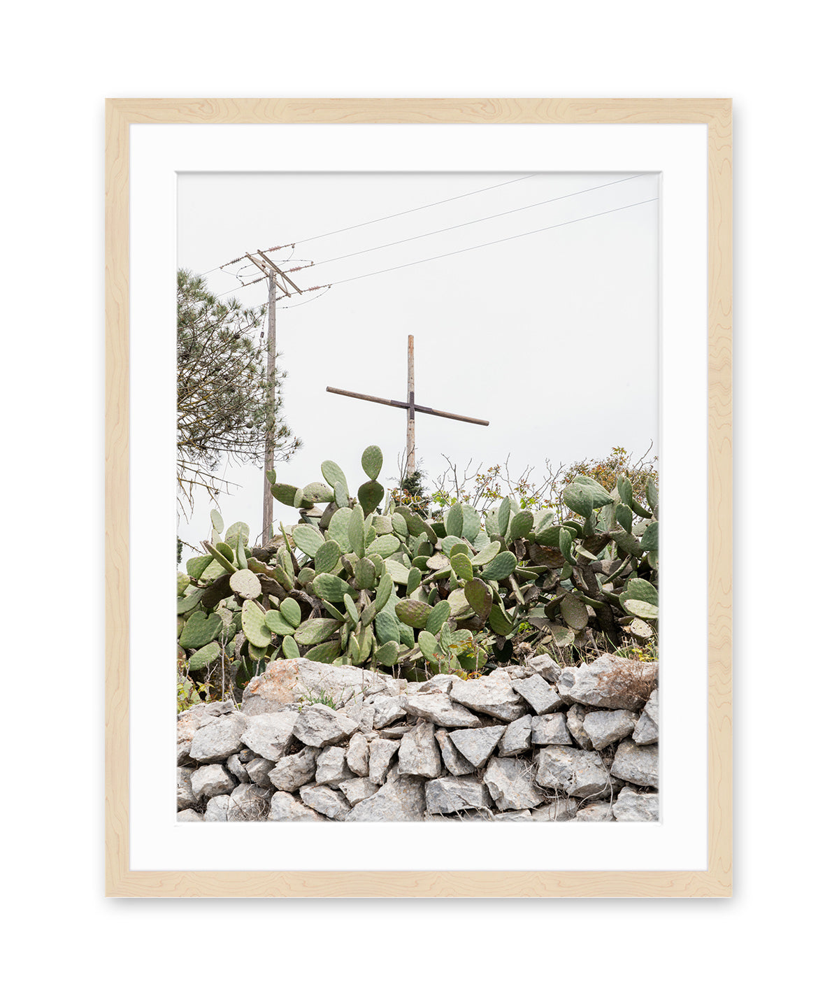 cactus, cross minimal neutral print, Santorini Greece wood Frame