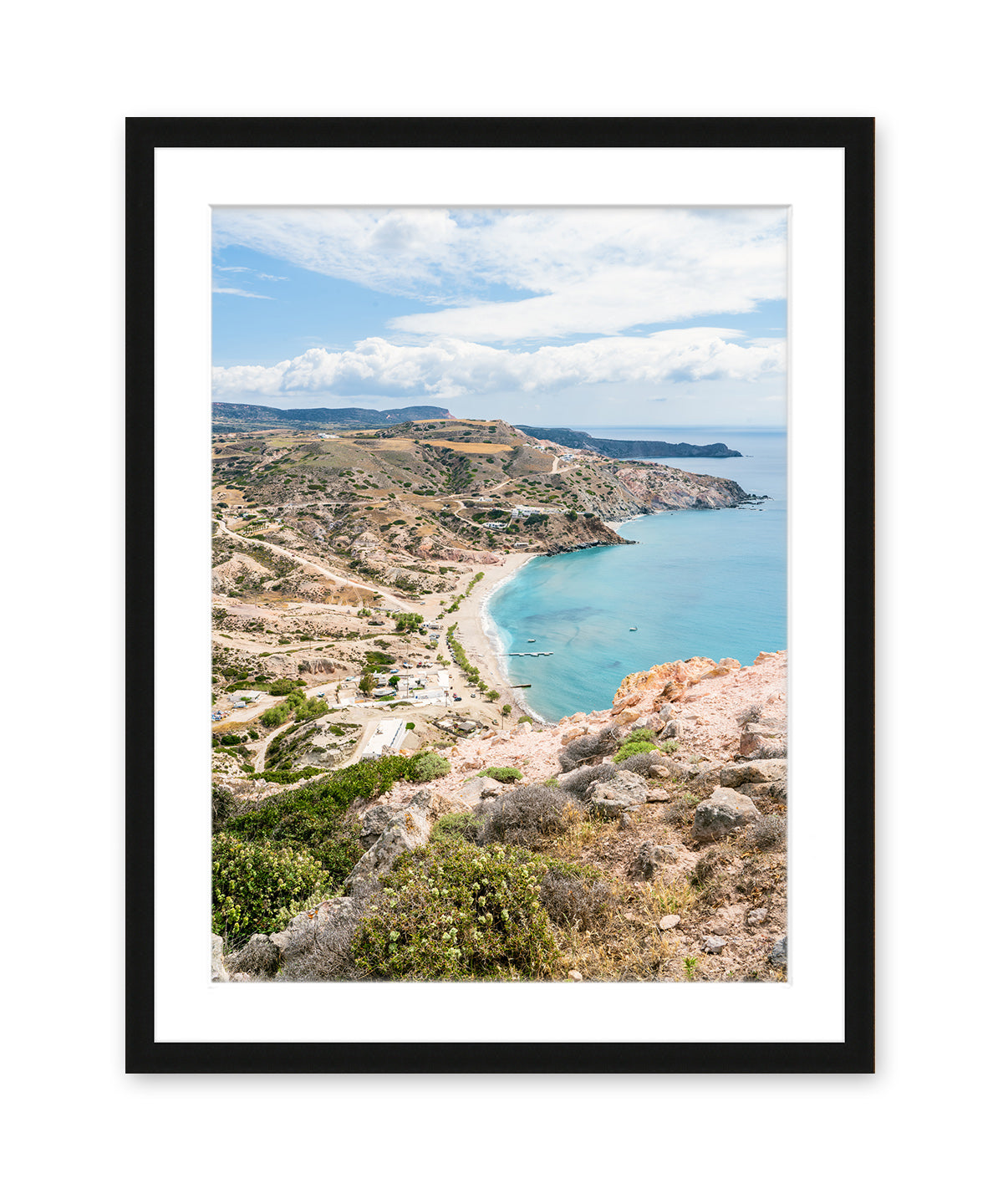beach seascape landscape, milos, greece, greek islands, black frame
