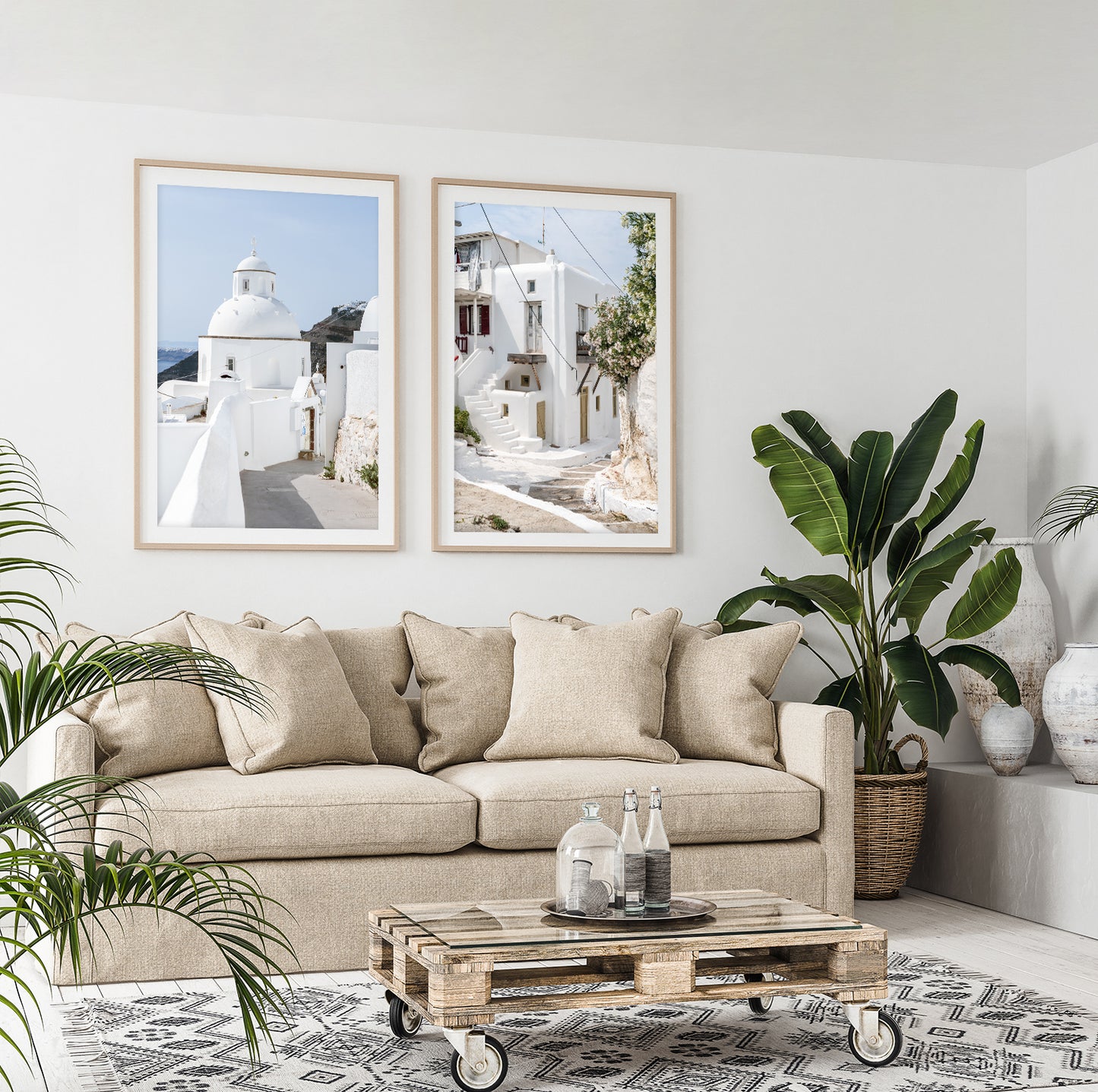 coastal decor featuring neutral travel prints from santorini, greece.