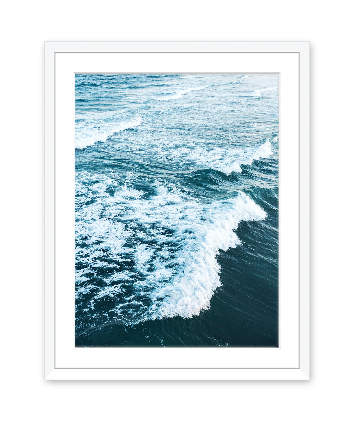 aerial photograph indigo blue ocean waves print, white wood frame by Wright and Roam