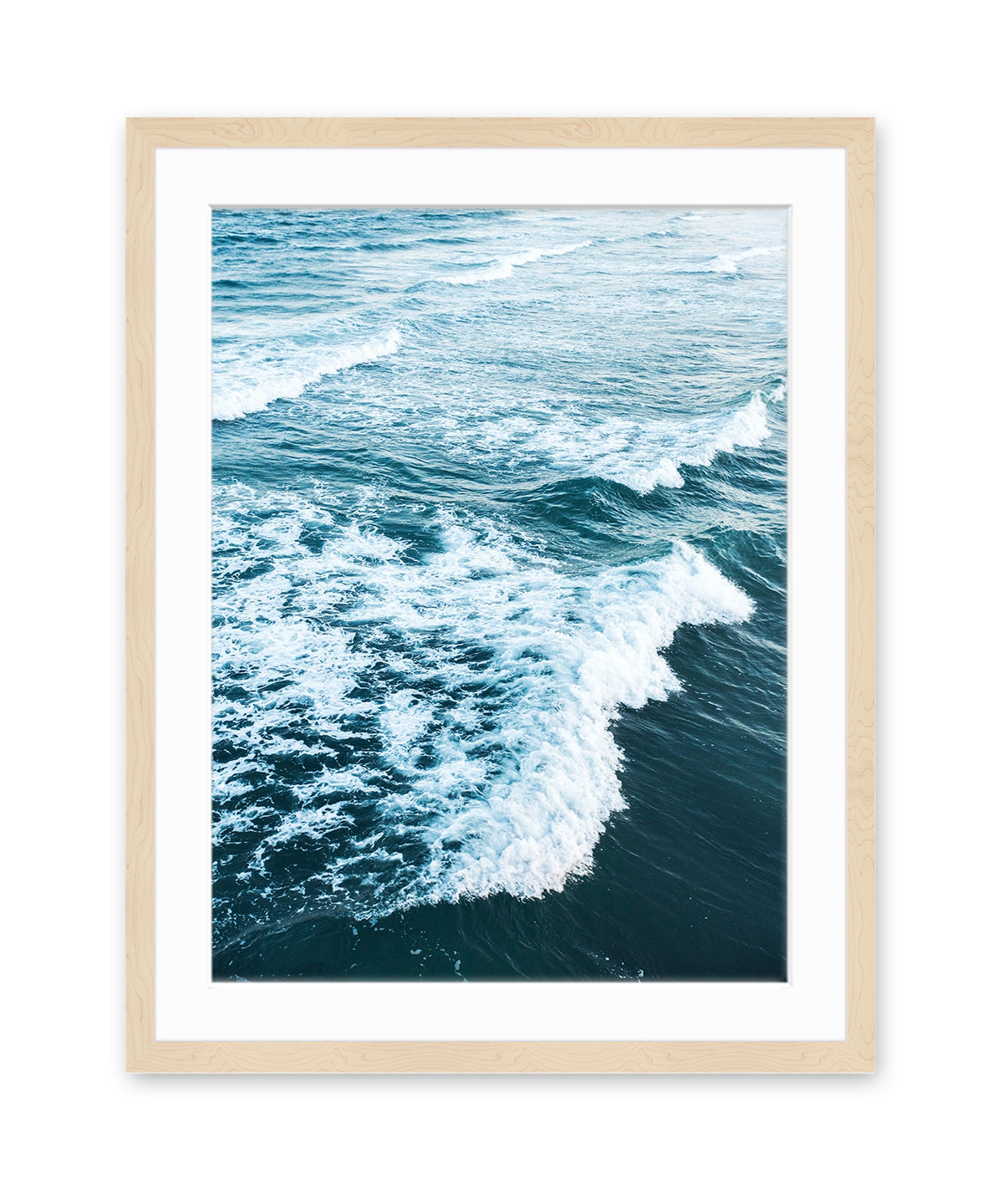aerial photograph indigo blue ocean waves print, natural wood frame by Wright and Roam