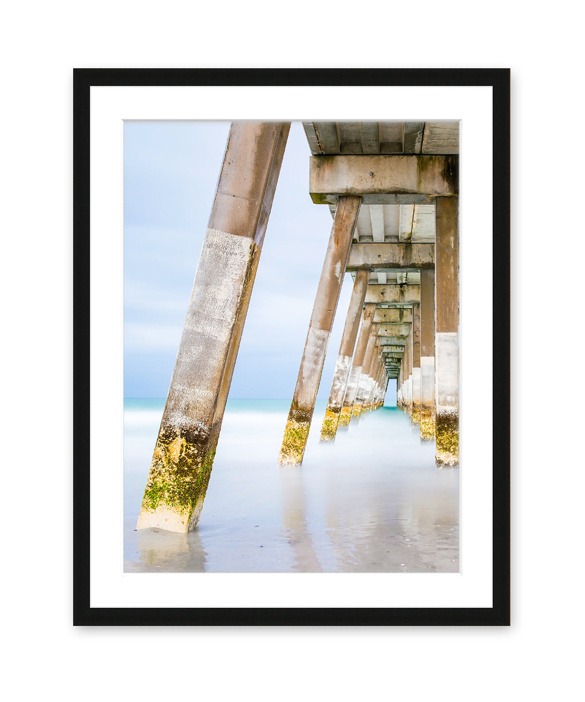 blue pier beach photograph, black wood frame by Wright and Roam