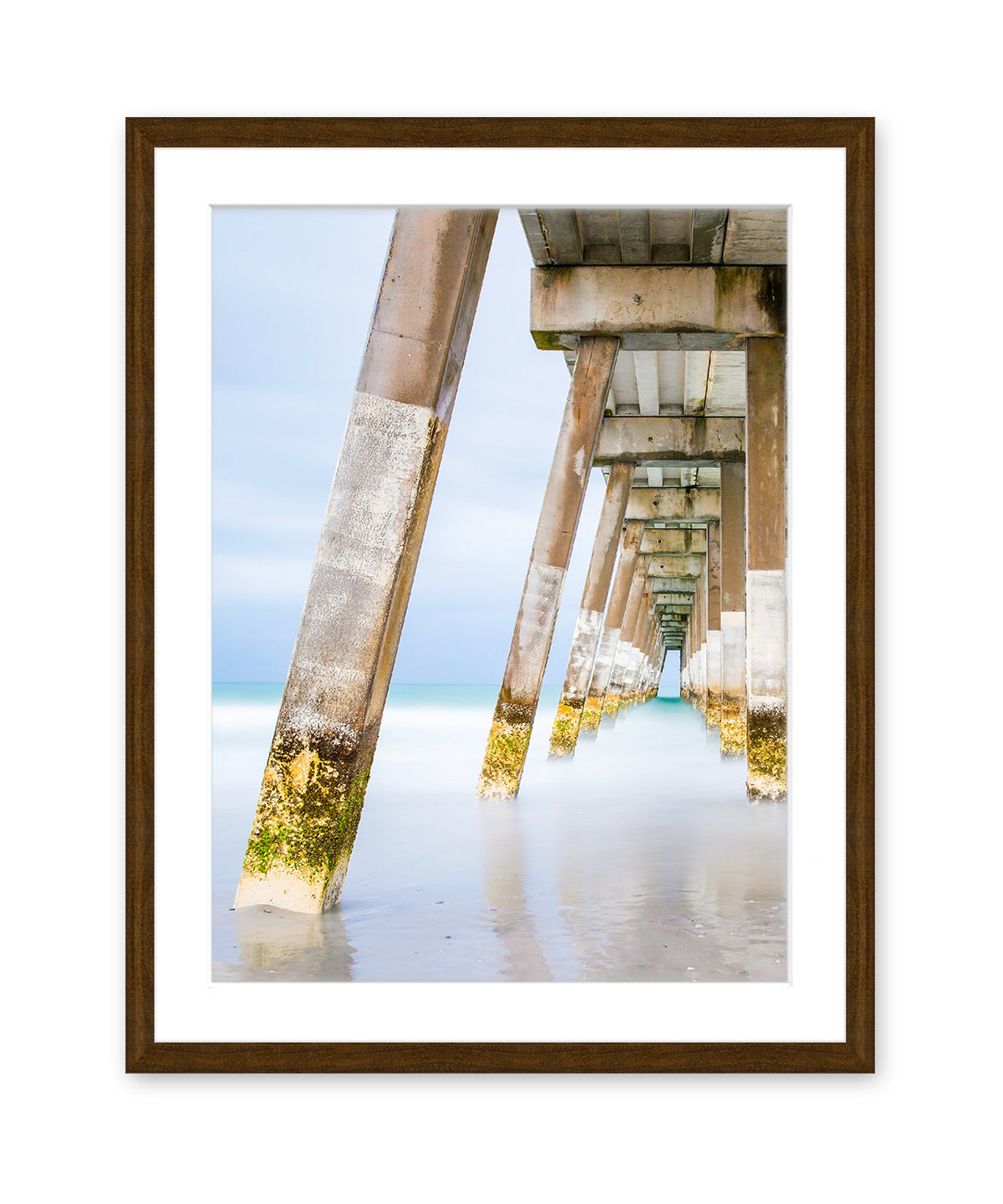 blue pier beach photograph, dark wood frame by Wright and Roam