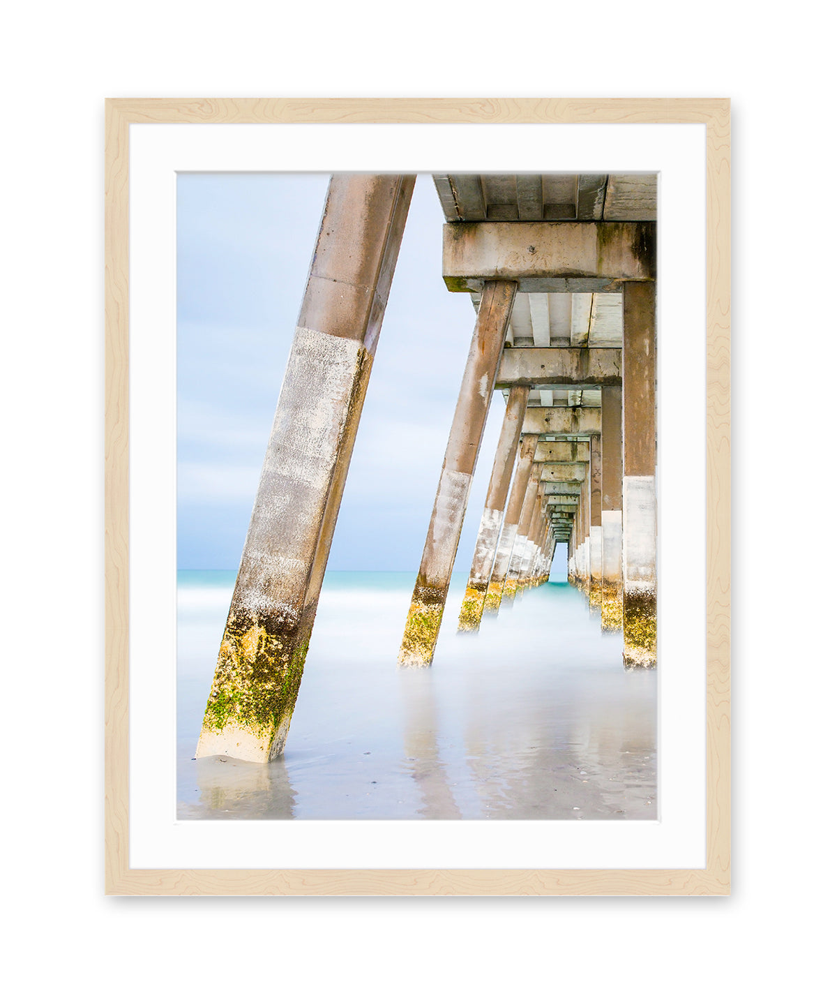 blue pier beach photograph, natural wood frame by Wright and Roam