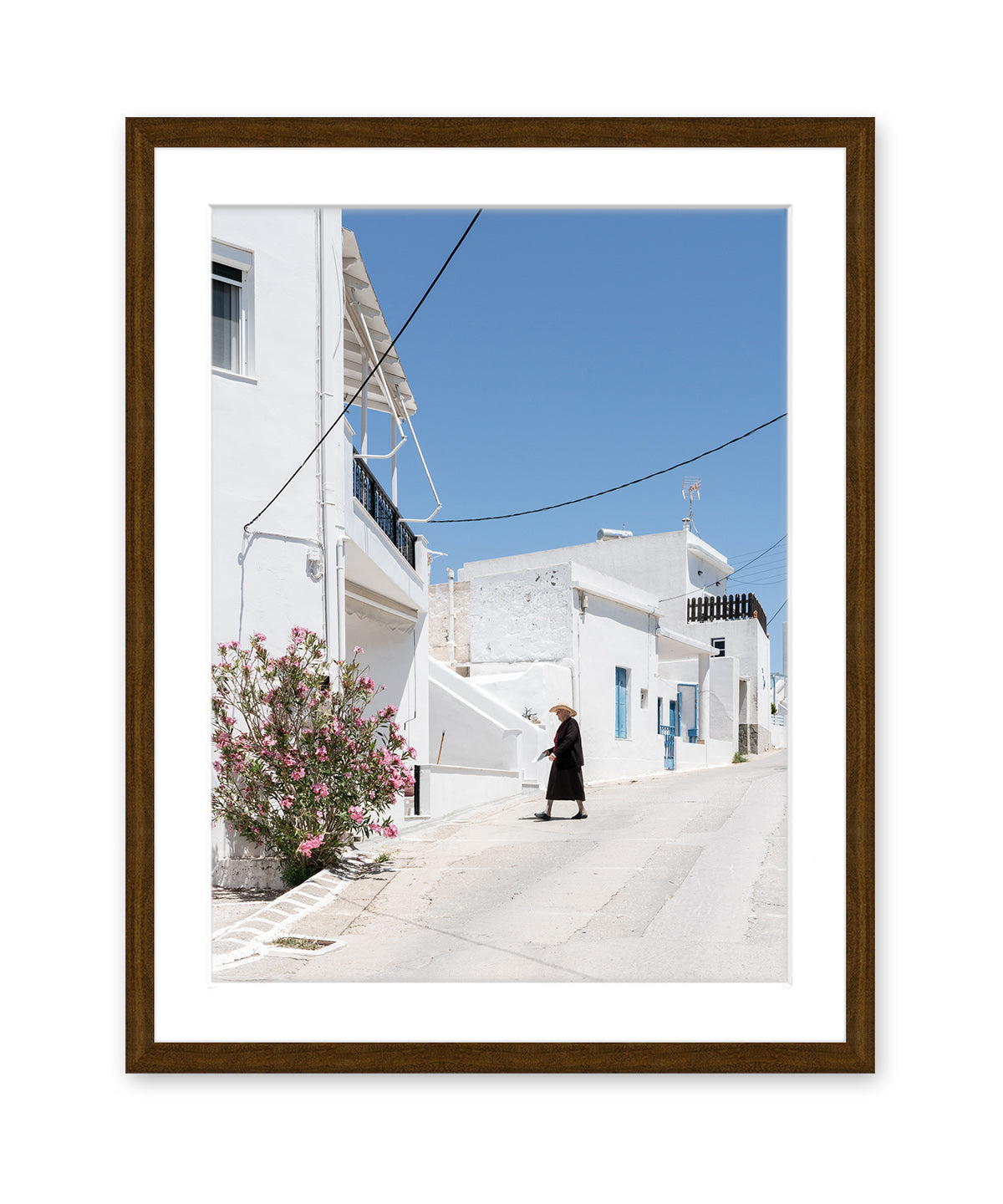 white blue greek islands art - greece photograph, dark wood frame