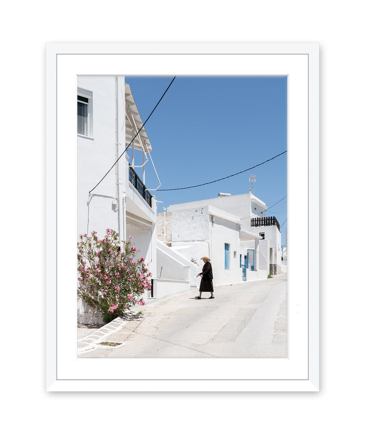 white blue greek islands art - greece photograph, white frame