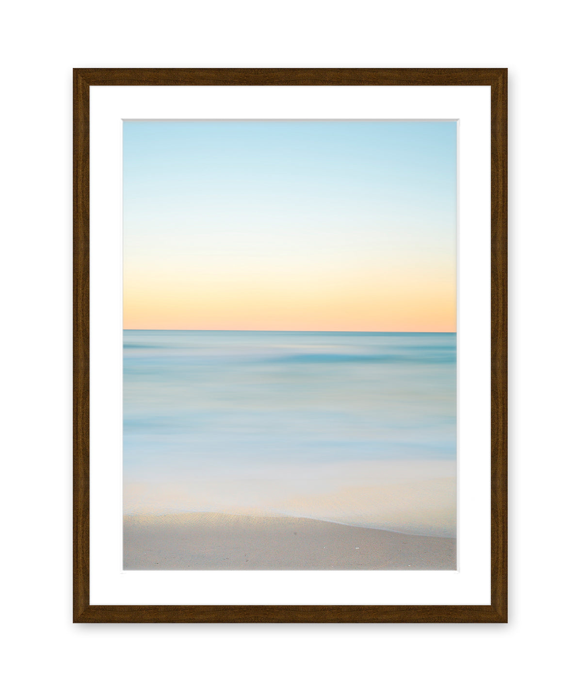 abstract minimal blue beach print, dark wood frame by Wright and Roam