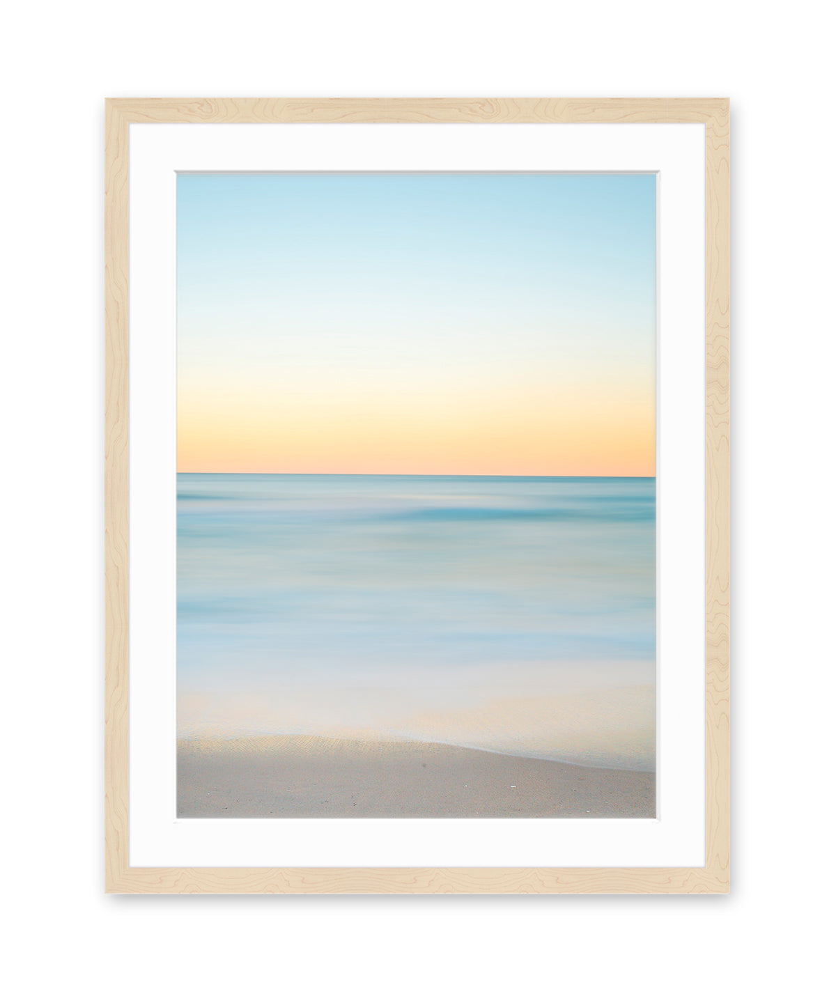 abstract minimal blue beach print, natural wood frame by Wright and Roam