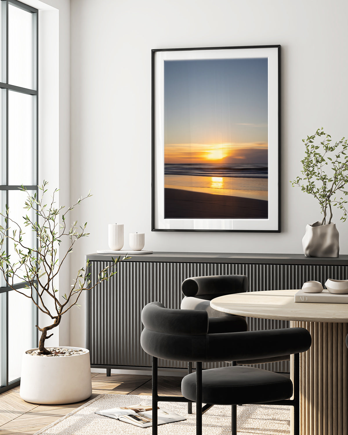 modern decor featuring abstract golden blue ocean art.