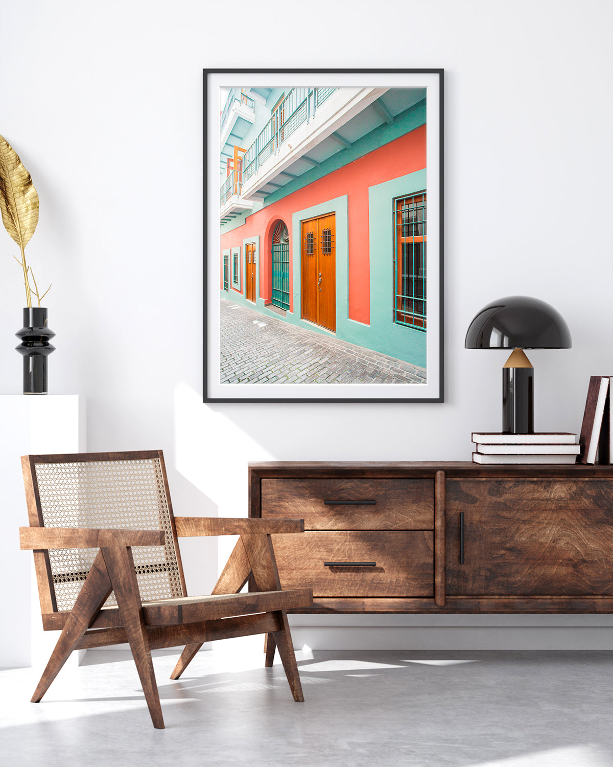 modern decor feautring colorful architecture print, blue and red buildings in Old San Juan, Puerto Rico