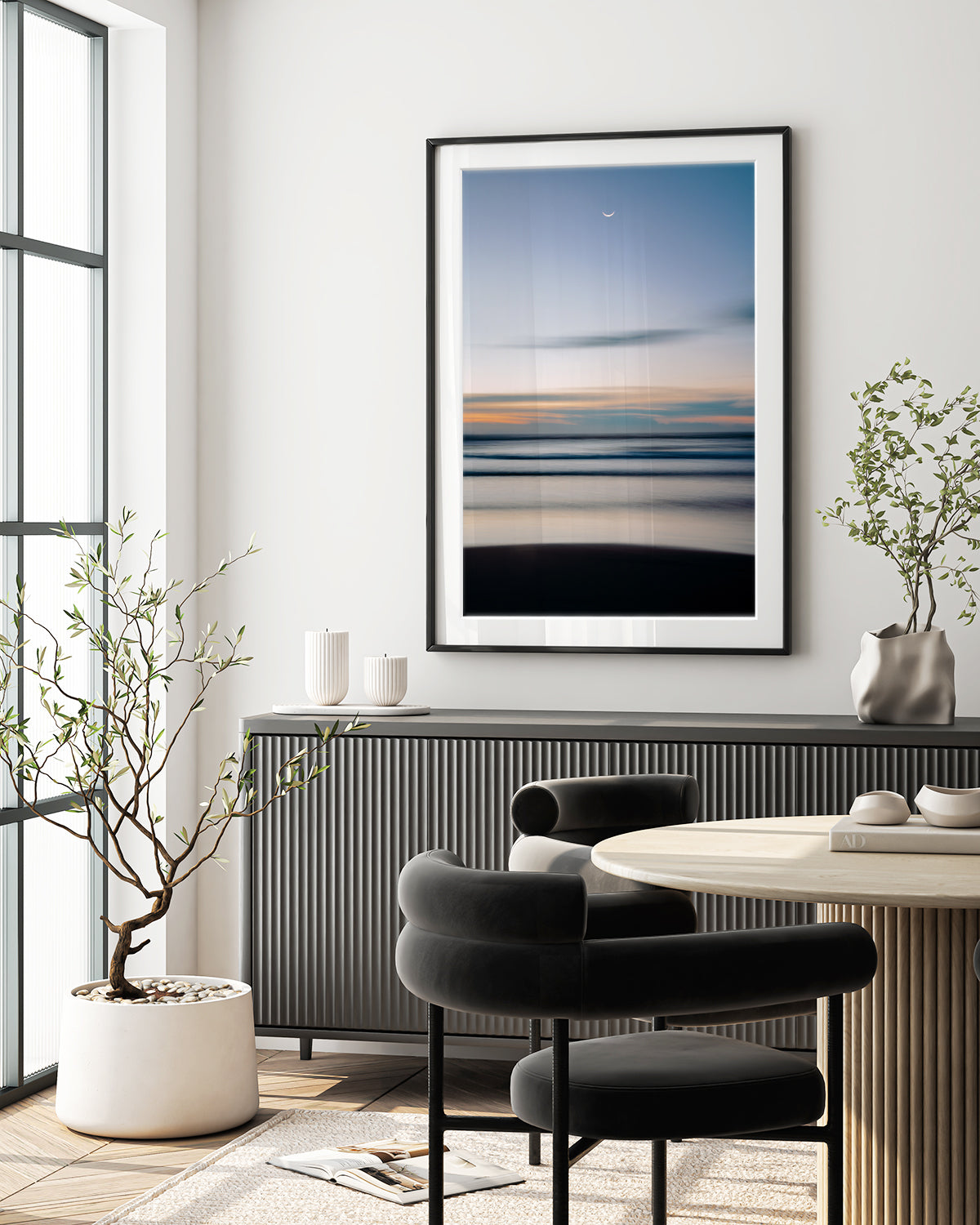 modern decor featuring large abstract blue ocean art print