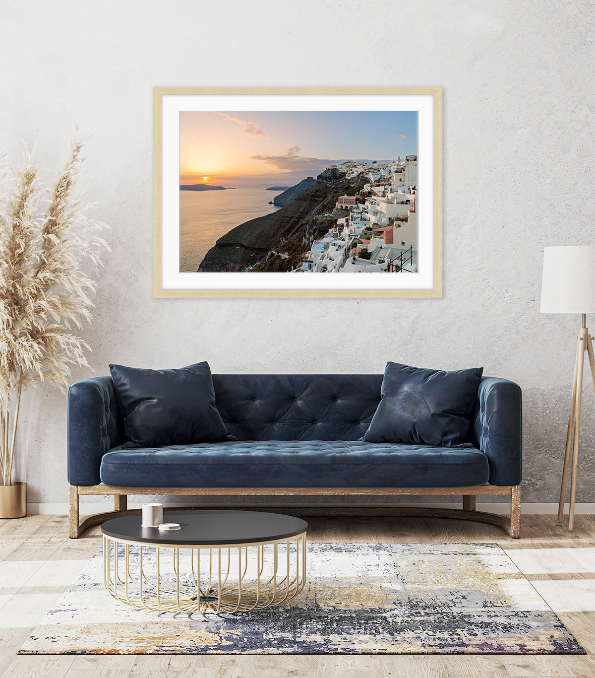 Modern living room, Large Sunset Santorini, Greek Island Photograph