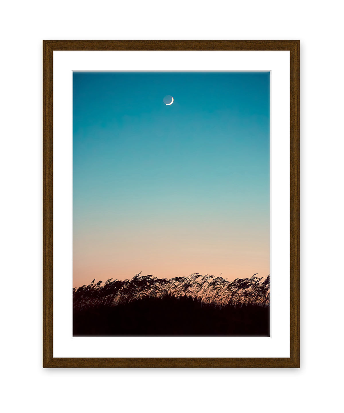 Teal sunset beach photograph, dark wood frame, Wright and Roam