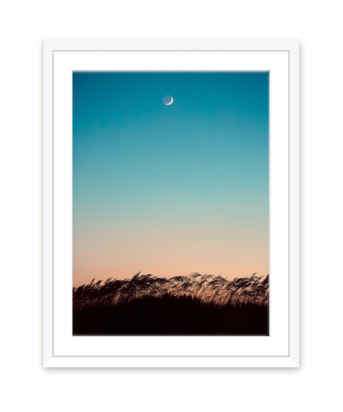 Teal sunset beach photograph, white wood frame, Wright and Roam