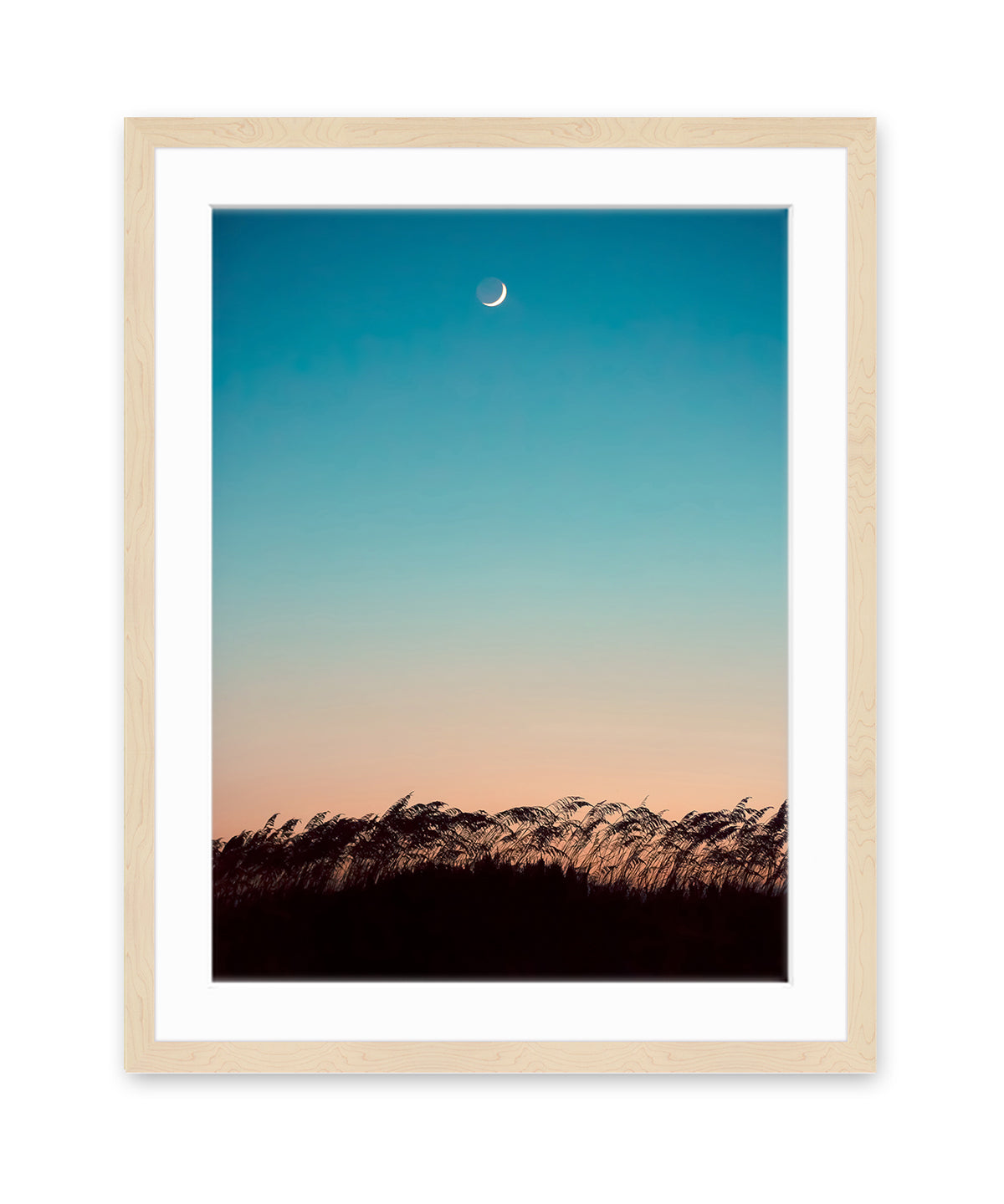 Teal sunset beach photograph, natural wood frame, Wright and Roam