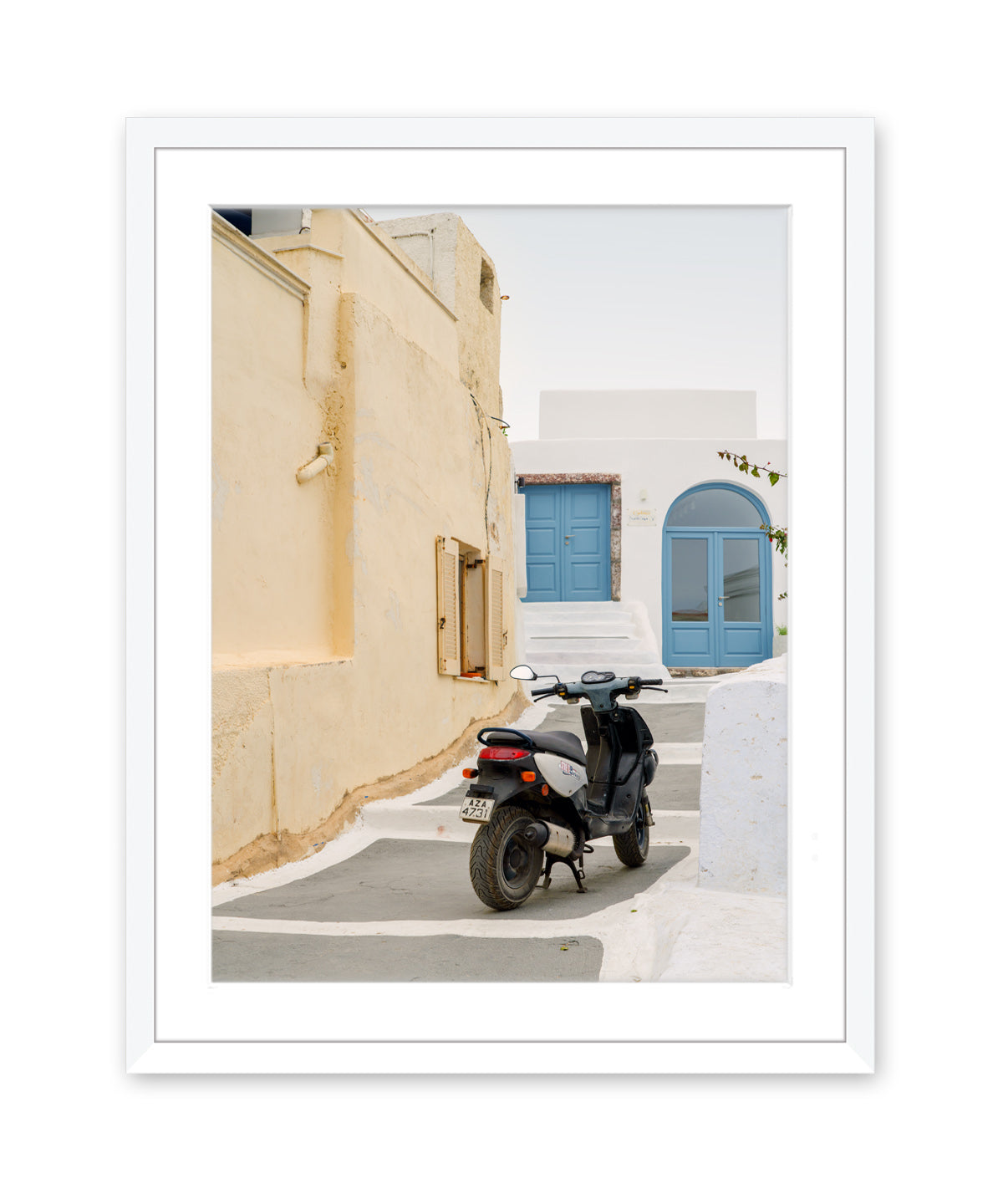santorini greece architecture travel print, stucco white home, moped white frame