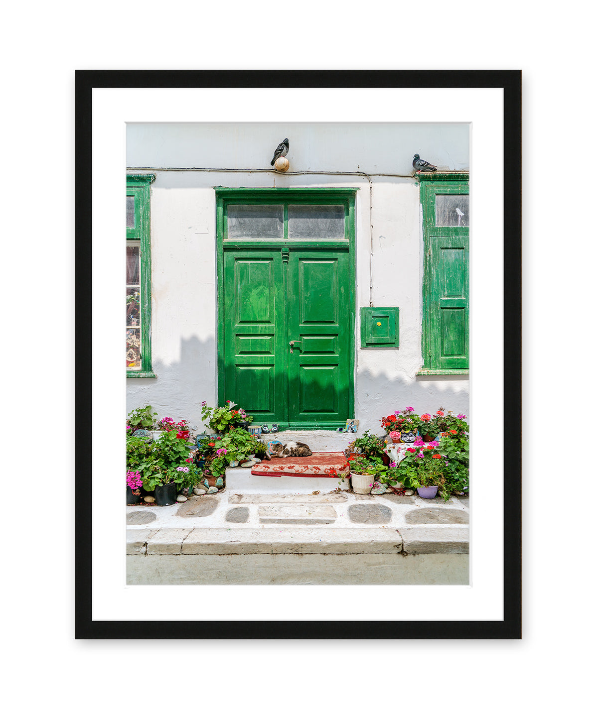 green door mykonos greece. Greek wall art - travel photography, black frame