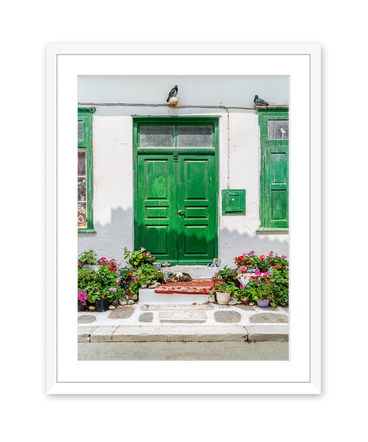 green door mykonos greece. Greek wall art - travel photography, white frame