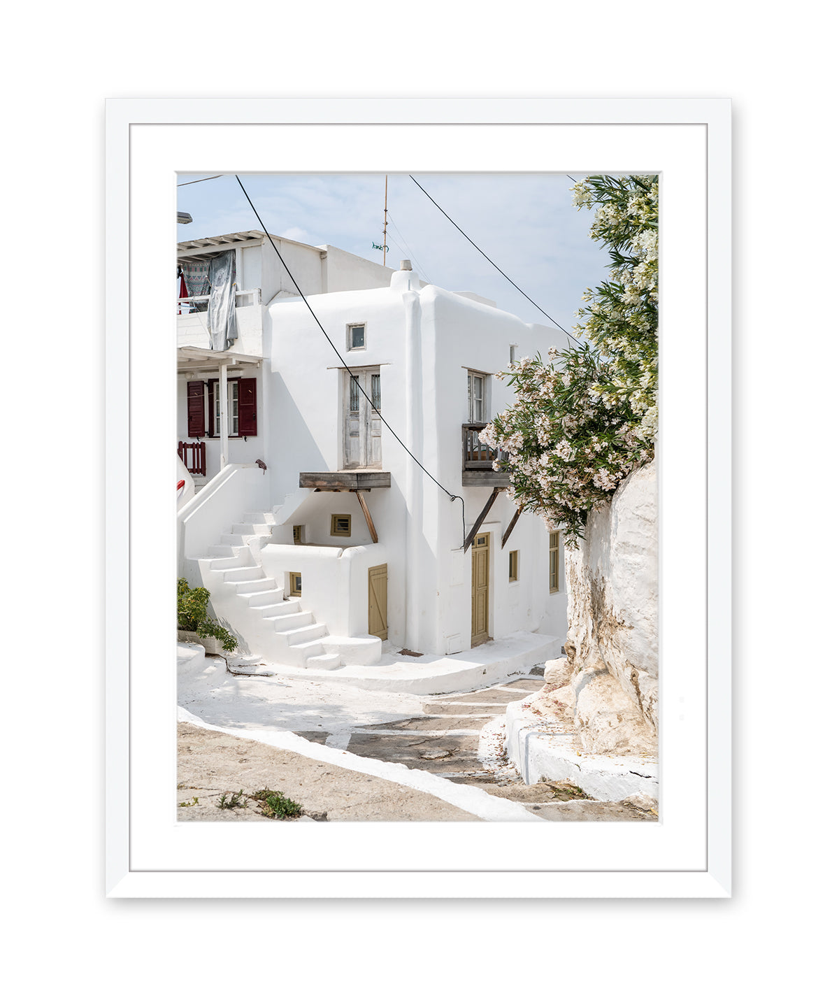 neutral art, mykonos, greece travel wall art, white frame