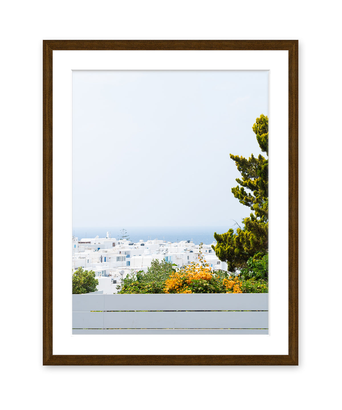 blue greece landscape, greek travel art, brown frame