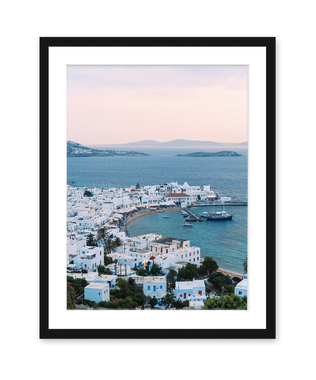 sunset mykonos, greece Art. Mediterranean Sea photograph, black frame