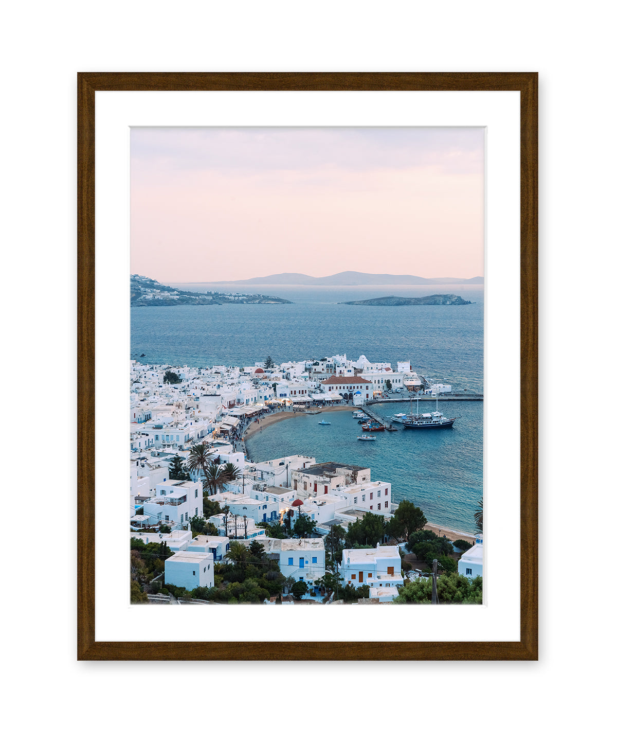 sunset mykonos, greece Art. Mediterranean Sea photograph, brown frame