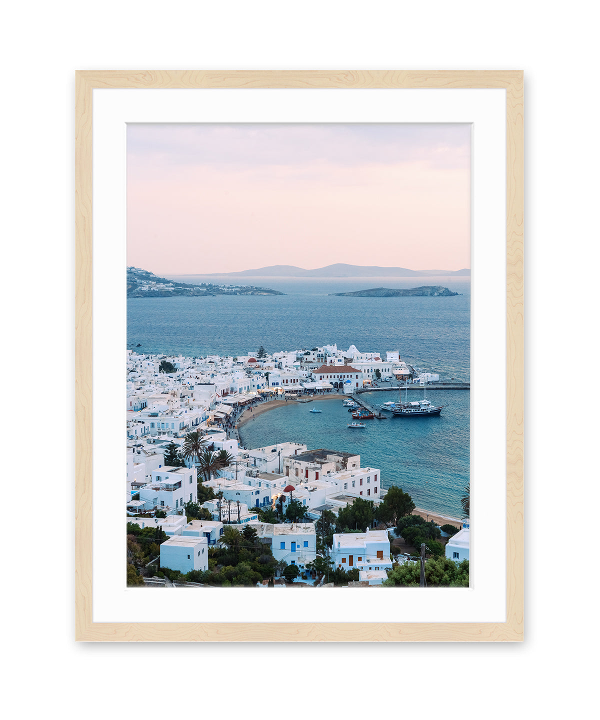 sunset mykonos, greece Art. Mediterranean Sea photograph, wood frame