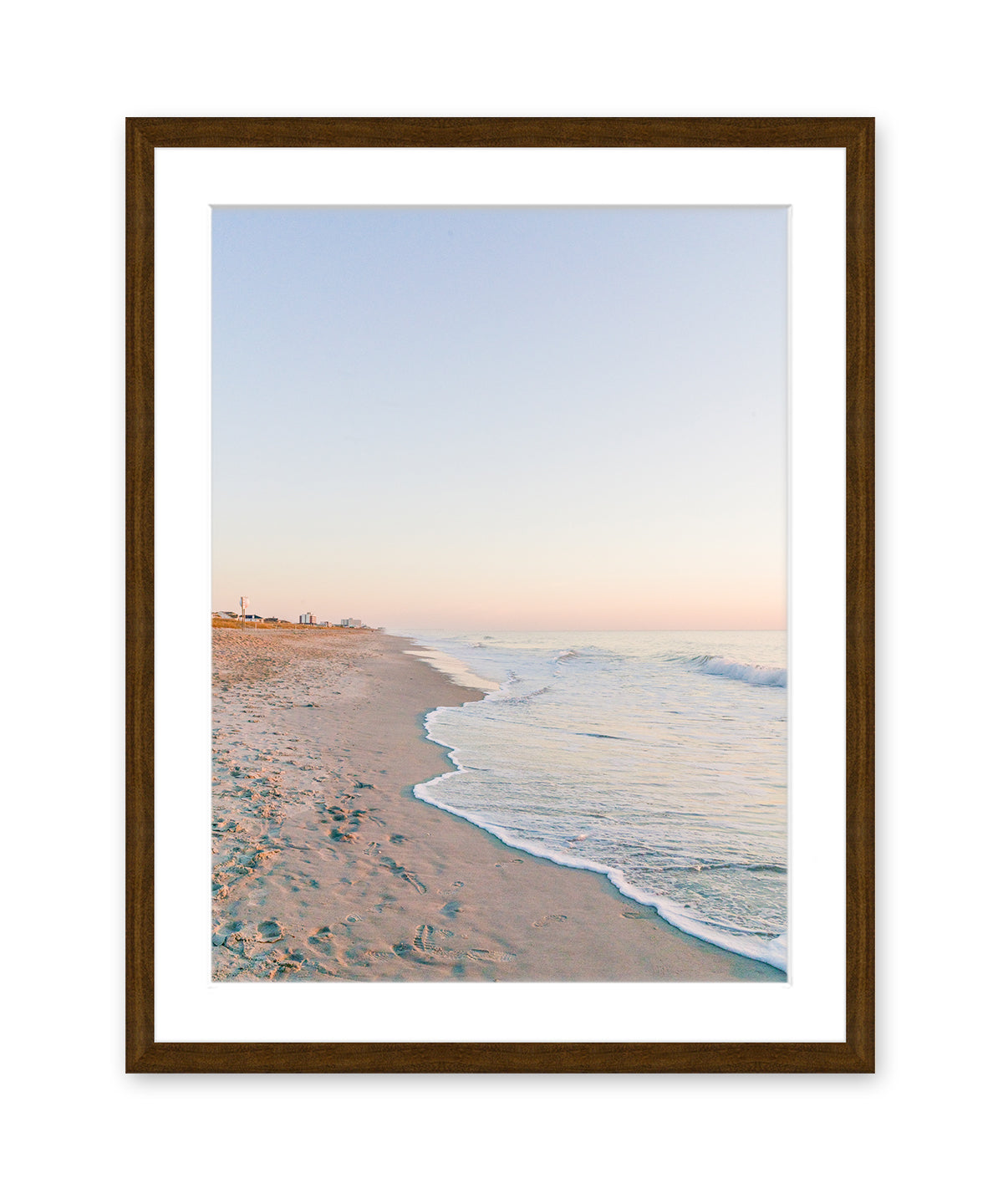 Pastel Blue Sunrise Wrightsville Beach Photograph, Dark Wood Frame By Wright and Roam